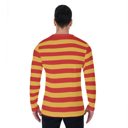 Red and Yellow Striped Men Long Sleeve Tshirt, Unisex Guys Women Designer Graphic Aesthetic Printed Crew Neck Tee Shirt