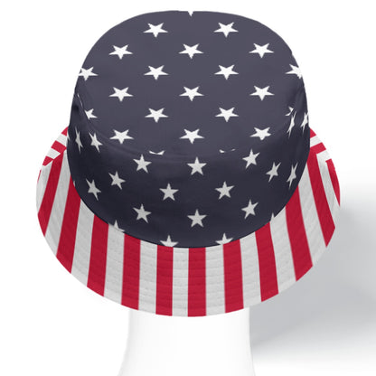 American Flag Bucket Cap Hat, Stars Stripes Red White Blue 4th of July Print Beach Women Men Golf Summer Festival Cute Designer Sun Shade