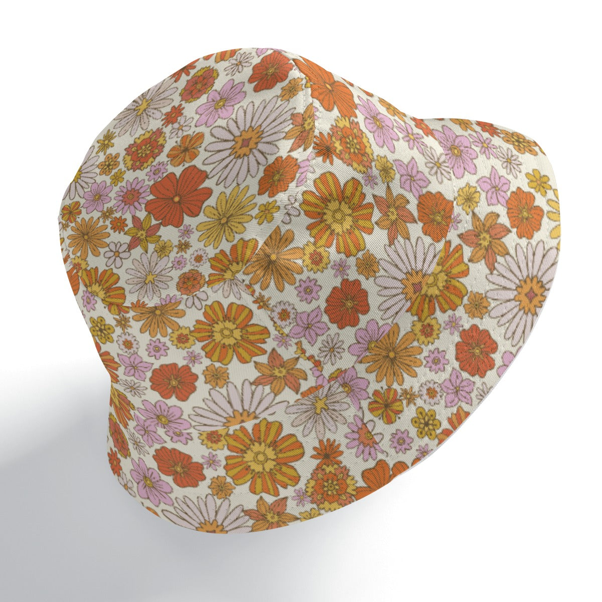 Pink Floral Bucket Cap Hat, Retro Vintage Orange Flowers 70s Print Beach Women Men Golf Summer Festival Designer Sun Shade Ladies - Starcove Fashion