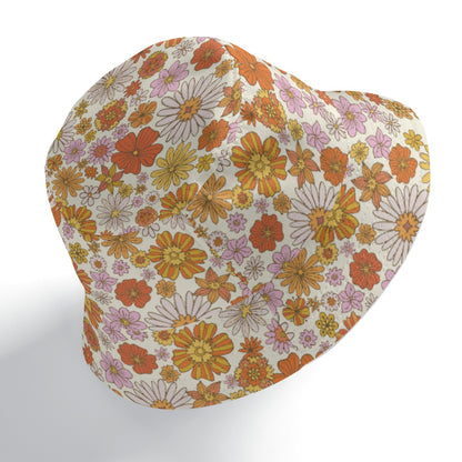 Pink Floral Bucket Cap Hat, Retro Vintage Orange Flowers 70s Print Beach Women Men Golf Summer Festival Designer Sun Shade Ladies - Starcove Fashion
