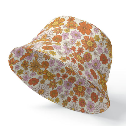 Pink Floral Bucket Cap Hat, Retro Vintage Orange Flowers 70s Print Beach Women Men Golf Summer Festival Designer Sun Shade Ladies - Starcove Fashion