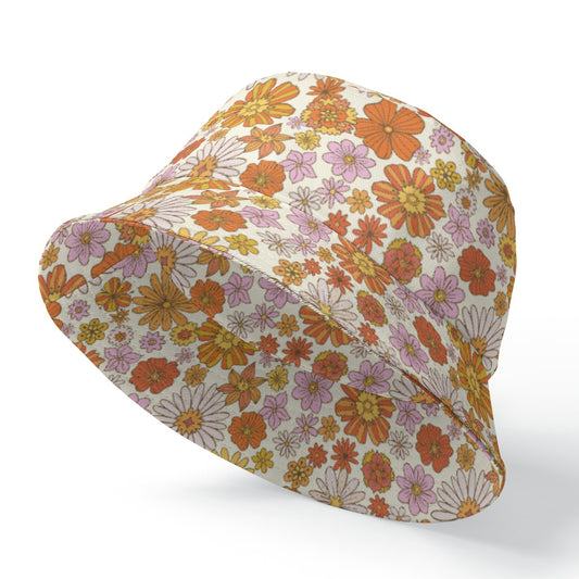 Pink Floral Bucket Cap Hat, Retro Vintage Orange Flowers 70s Print Beach Women Men Golf Summer Festival Designer Sun Shade Ladies - Starcove Fashion
