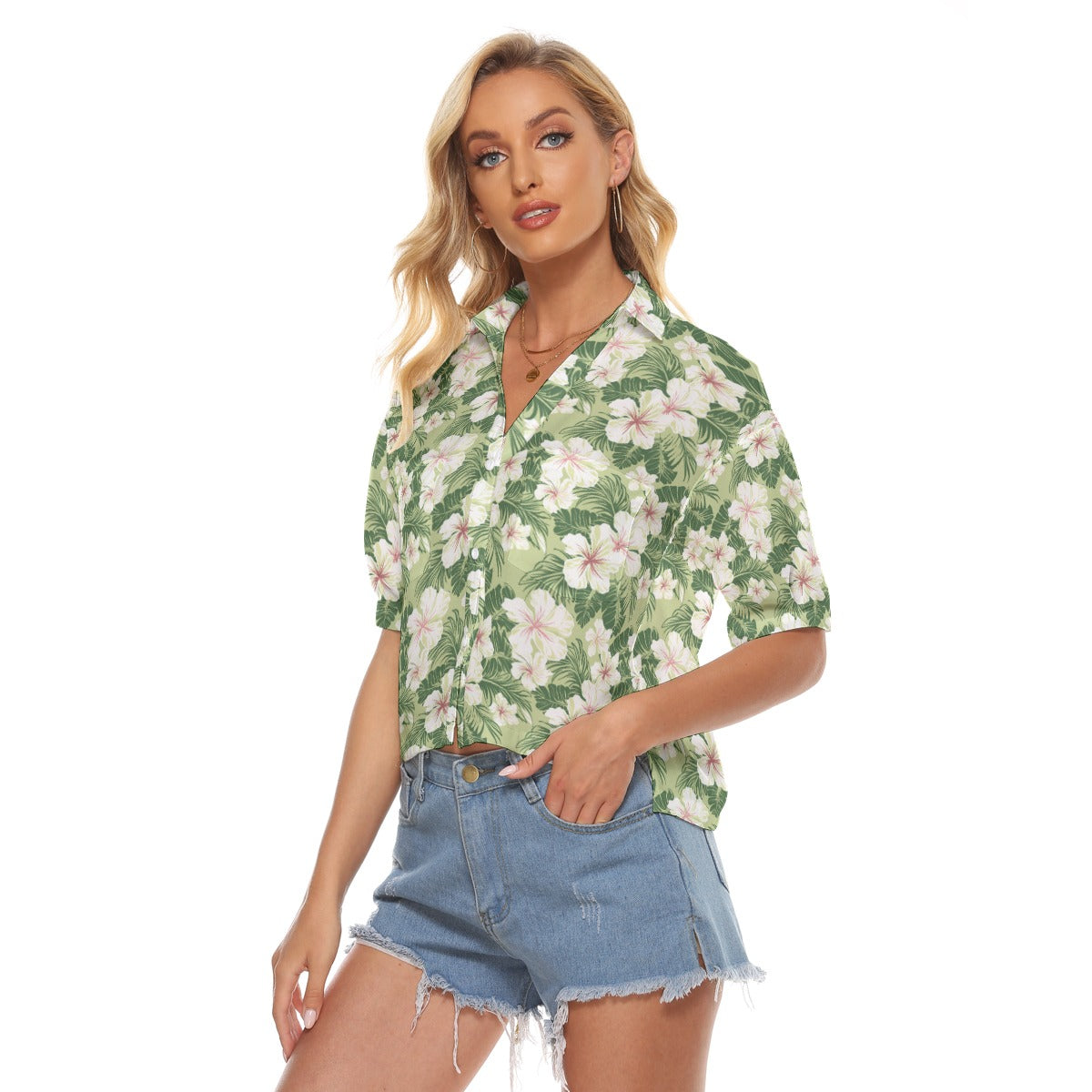 Tropical Hawaiian Women Button Up V-Neck Shirt, Floral Green Hibiscus Short Sleeve Casual Chest Pockets Ladies Collared Designer Blouse