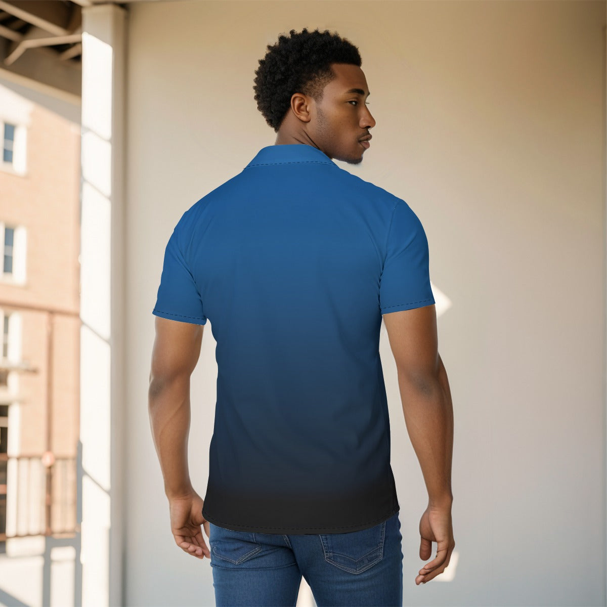 Blue Black Ombre Men Button Up Shirt, Tie Dye Gradient Short Sleeve Print Casual Buttoned Down Summer Male Guys Collared Designer Dress