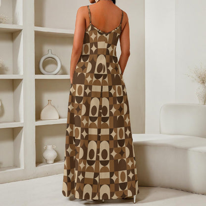 Mid Century Modern Maxi Dress, Brown Spaghetti Straps Women Sleeveless Casual Designer Elegant Long Plus Size Cocktail Party Summer Designer