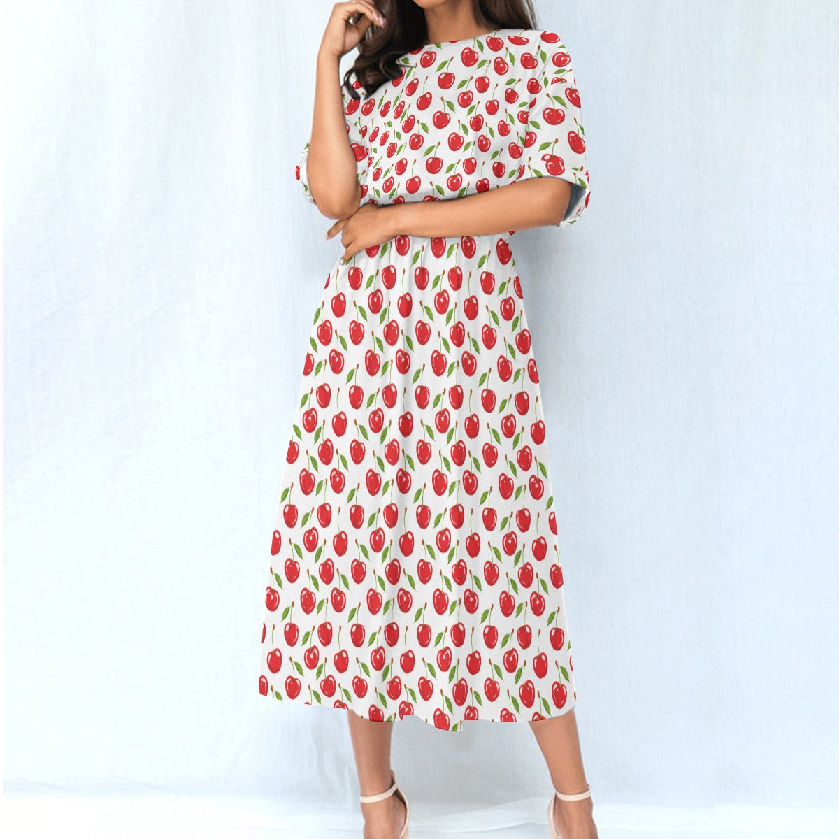 Cherries Women Maxi Dress, Elastic Waist Long Ankle Length Boho Short Sleeve Casual Spring Summer XL / White Cherries Women Maxi Dress, Elastic Waist Long Ankle Length Boho Short Sleeve Casual Spring Summer XL / White
