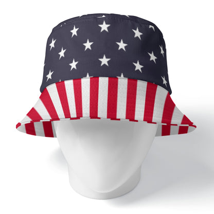 American Flag Bucket Cap Hat, Stars Stripes Red White Blue 4th of July Print Beach Women Men Golf Summer Festival Cute Designer Sun Shade