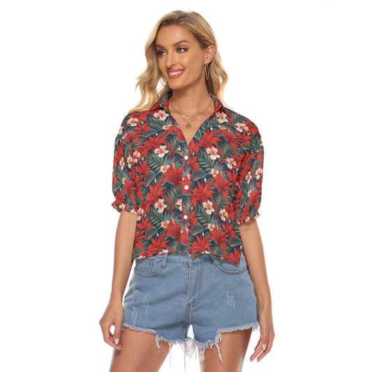 Red Tropical Flowers Women Button Up V-Neck Shirt, Hibiscus Floral Short Sleeve Print Casual Chest Pockets Ladies Collared Designer Blouse