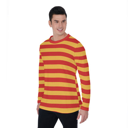 Red and Yellow Striped Men Long Sleeve Tshirt, Unisex Guys Women Designer Graphic Aesthetic Printed Crew Neck Tee Shirt