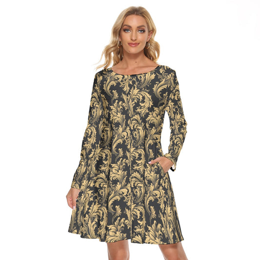 Baroque Black Gold Women's Crew Neck Dress Long Sleeve, Summer Cocktail Mini Cute Handmade Designer Ladies Luxury Casual Cute Evening