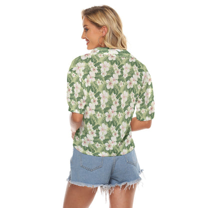 Tropical Hawaiian Women Button Up V-Neck Shirt, Floral Green Hibiscus Short Sleeve Casual Chest Pockets Ladies Collared Designer Blouse