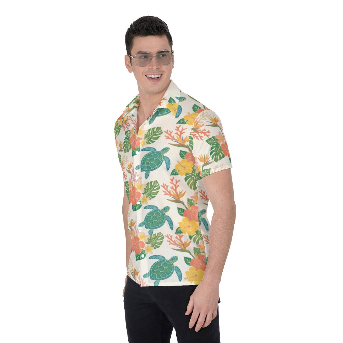 Hawaiian Sea Turtles Men Button Up Shirt, Floral Flowers Short Sleeve Print Casual Buttoned Down Summer Male Guys Collared Designer Dress