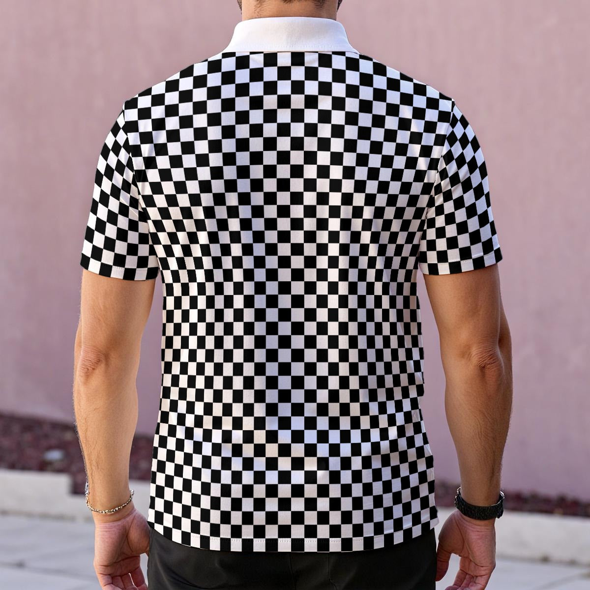 Checkered Men Polo Shirt, Black White Check Racing Guys Golf Casual Summer Buttoned Down Up Collared Short Sleeve Sports Tshirt Tee Top