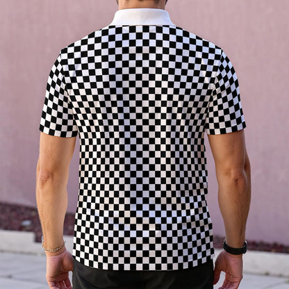 Checkered Men Polo Shirt, Black White Check Racing Guys Golf Casual Summer Buttoned Down Up Collared Short Sleeve Sports Tshirt Tee Top