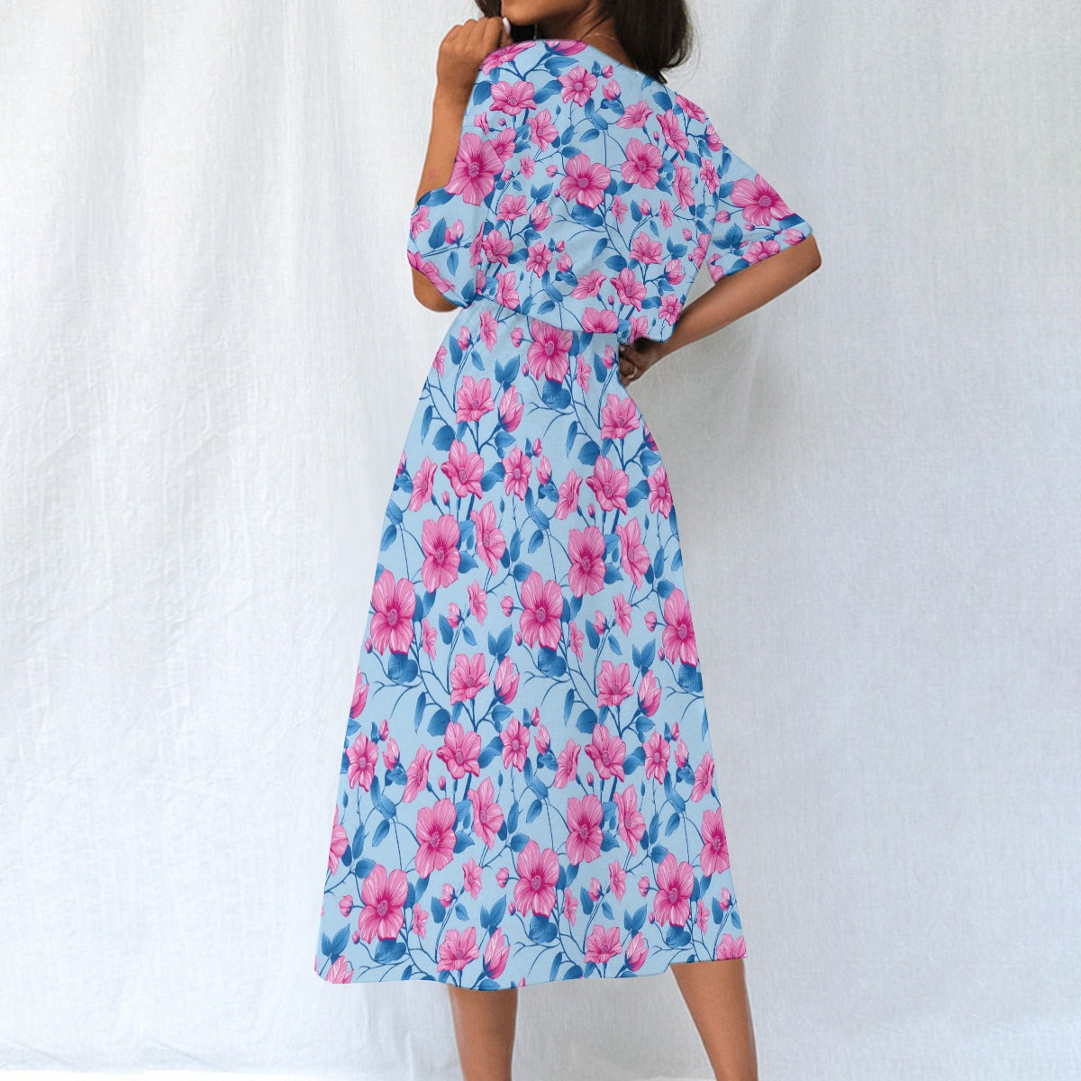 Pink Blue Floral Women Maxi Dress, Flowers Elastic Waist Long Ankle Length Short Sleeve 2XL / White Pink Blue Floral Women Maxi Dress, Flowers Elastic Waist Long Ankle Length Short Sleeve 2XL / White