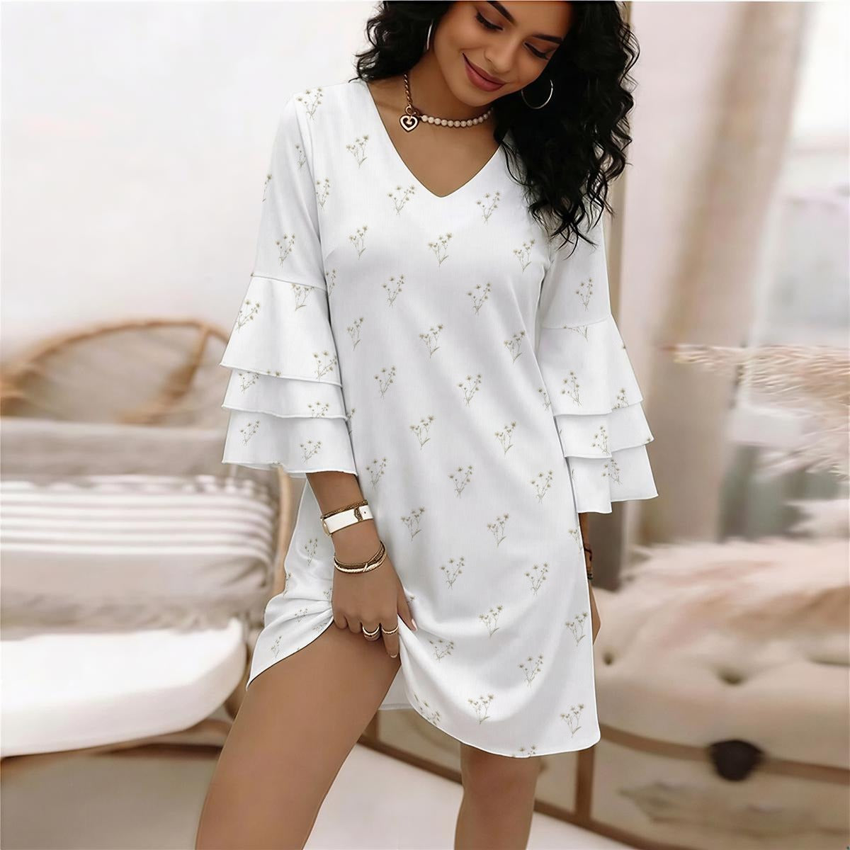 White Floral Women's Mini Dress, Stacked Ruffles Long Sleeve Ladies Ca   Starcove Fashion