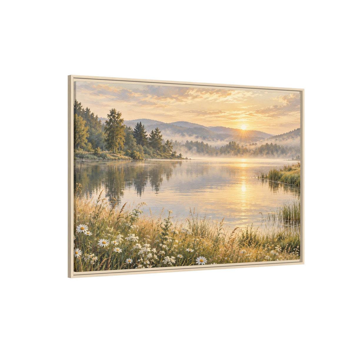 Misty Meadow Lake Wood Framed Canvas, Wildflower Farmhouse Wall Art Print Artwork Decor Small Large Hanging Matte Landscape Square Poster