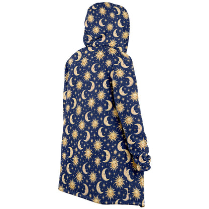 Sun Moon Hooded Cloak, Blue Navy Celestial Cosmic Space Coat Men Women Ladies Winter Warm Mink Fleece Blanket Robe Wearable Cape Pockets