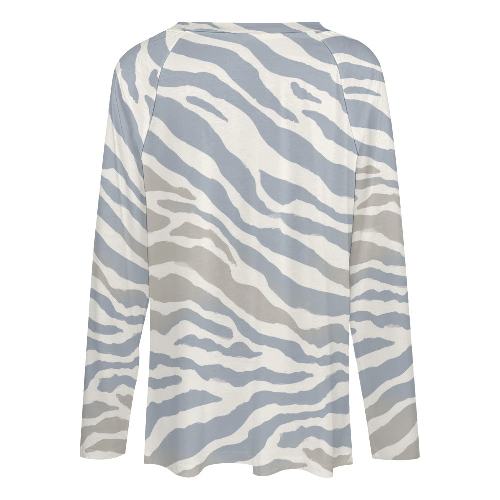 Zebra Stripe Women Long Sleeve Tshirt loose fit, Grey Blue Sand White Animal Print Relaxed V-neck Designer Ladies Female Tee Top Shirt