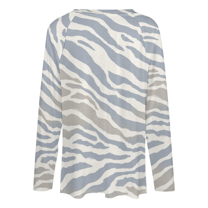 Zebra Stripe Women Long Sleeve Tshirt loose fit, Grey Blue Sand White Animal Print Relaxed V-neck Designer Ladies Female Tee Top Shirt