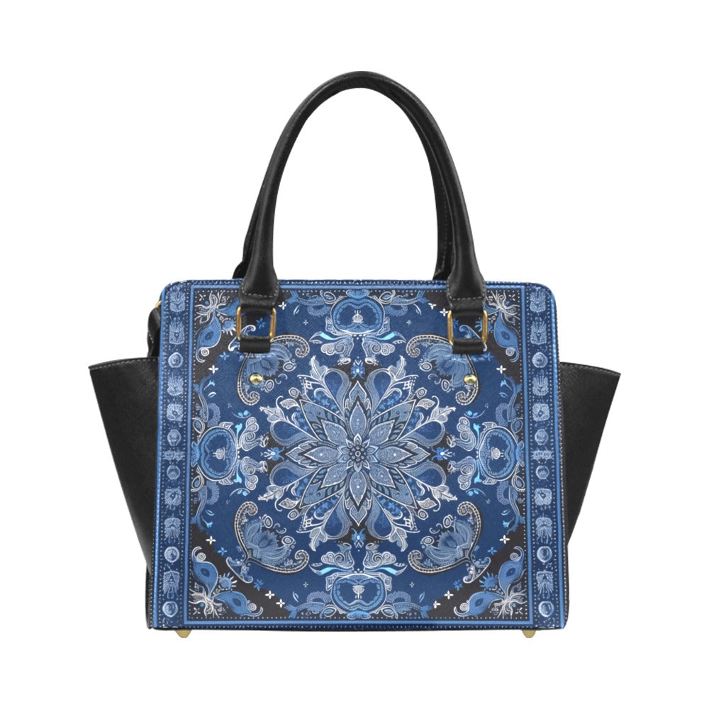 Bandana Purse Handbag, Blue Black Vegan Leather Designer Women Gift Satchel Top Zip Handle Bag Shoulder Crossbody Strap
