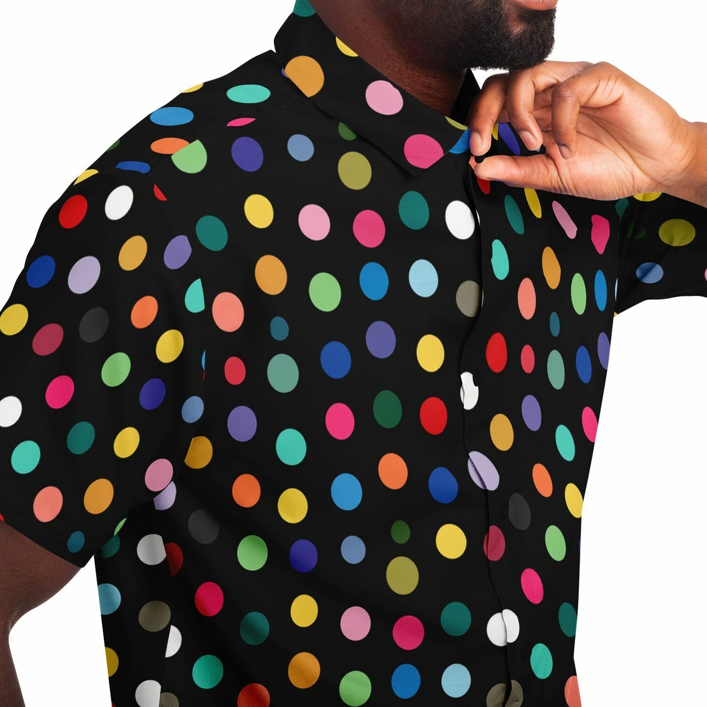 Vibrant Polk Dots Men Button Up Shirt, Colorful Festival Short Sleeve Print Casual Buttoned Down Summer Male Guys Collared Designer Dress