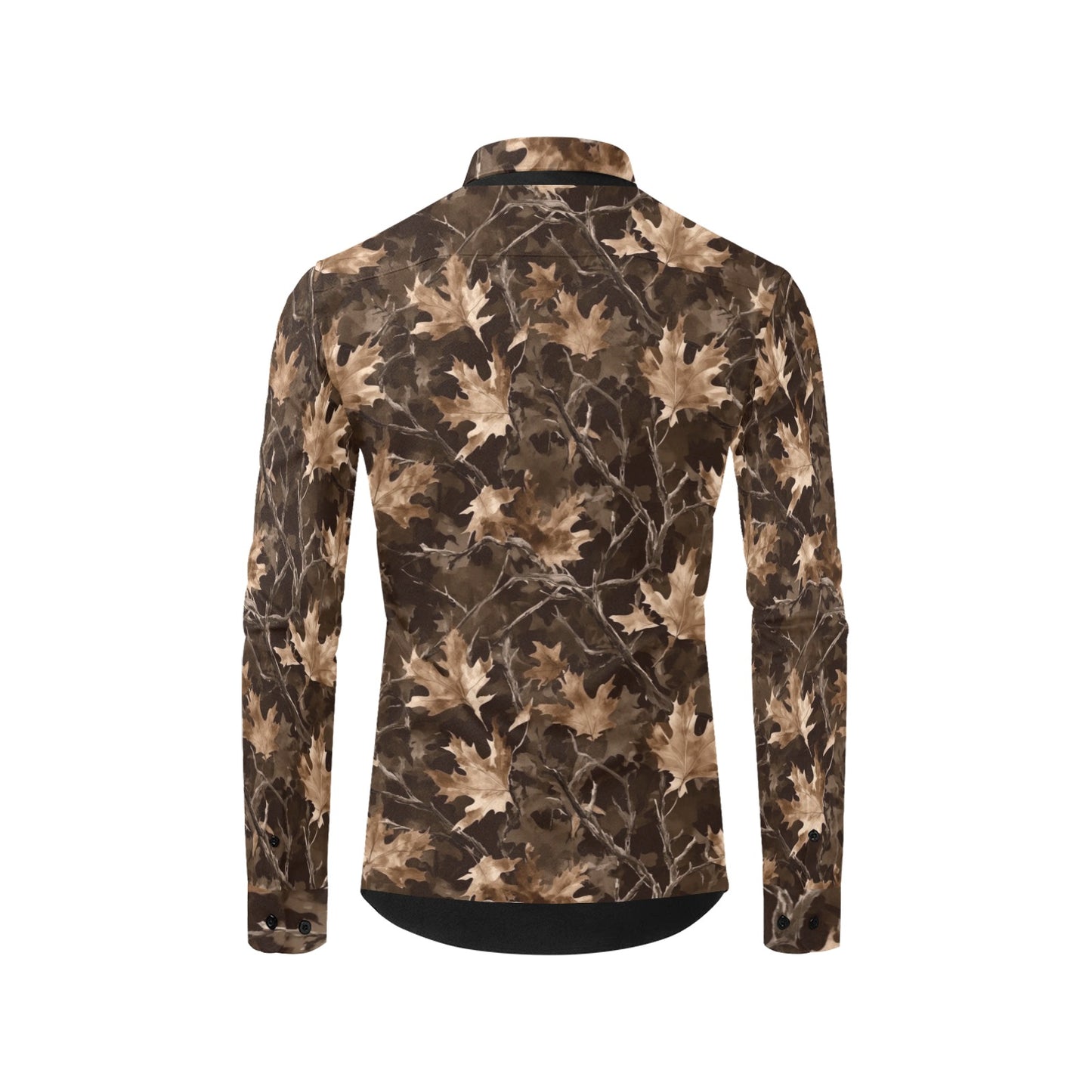 Camo Fall Leaf Men Button Up Shirt, Brown Camouflage Autumn Long Sleeve Print Buttoned Down Collar Male Guys Casual Dress Pocket Collared