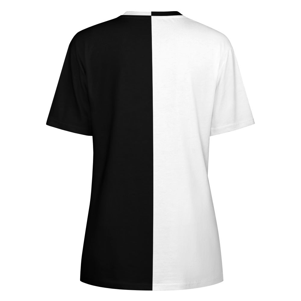 Half Black Half White Women Cotton Tshirt, Color Block Split 2 Tone Ladies Female Designer Graphic Aesthetic Fitted Crewneck Tee Shirt Top