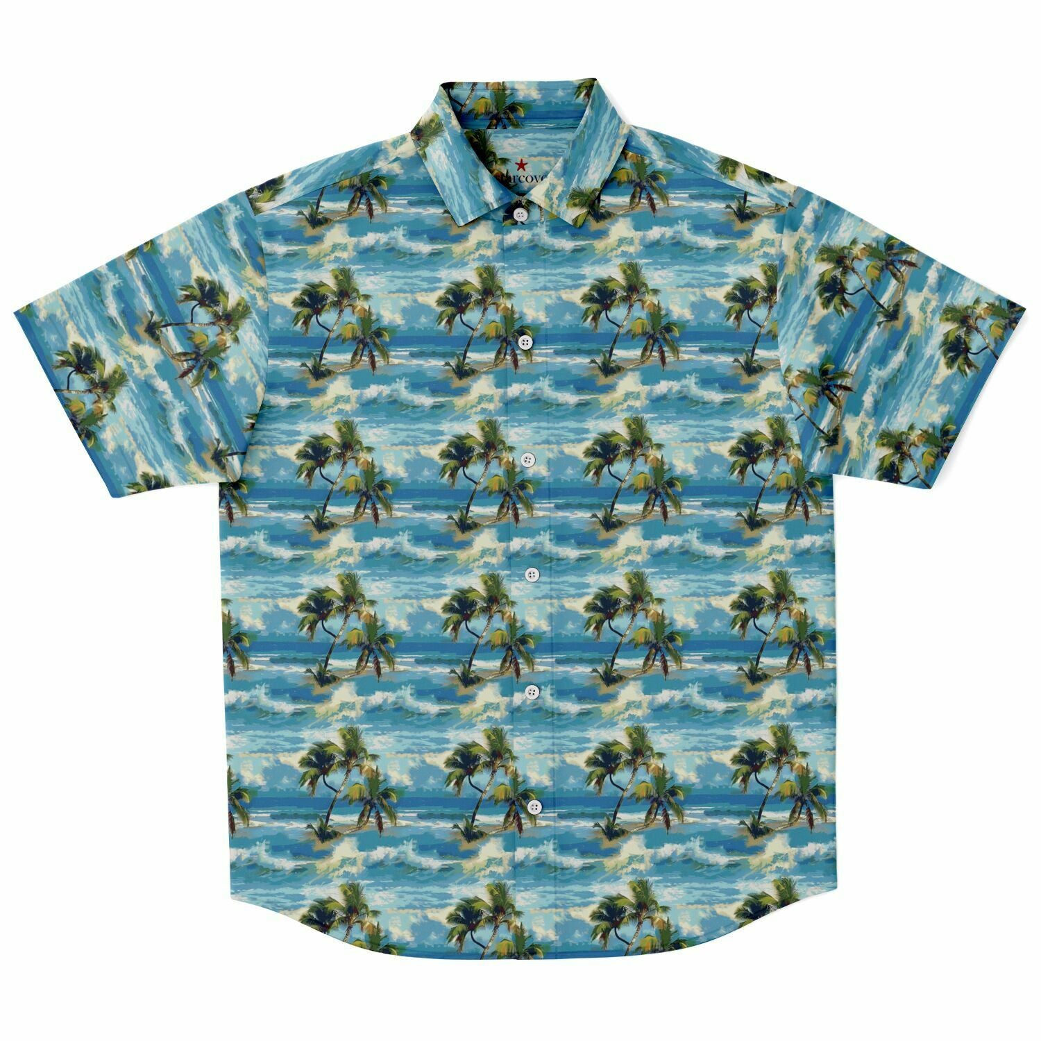 Palm Trees Men Button Up Shirt, Blue Ocean Beach Short Sleeve Print Casual Buttoned Down Summer Male Guys Collared Designer Dress Shirt S Palm Trees Men Button Up Shirt, Blue Ocean Beach Short Sleeve Print Casual Buttoned Down Summer Male Guys Collared Designer Dress Shirt S