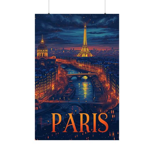 Paris France Poster Print, Eifel Tower Vintage Retro Night Wall Image Art Vertical Paper Artwork Small Large Travel Cool Room Office Decor