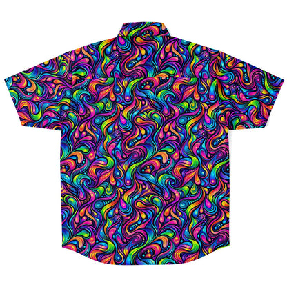 Psychedelic Men Button Up Shirt, Vibrant Trippy Funky Festival Short Sleeve Print Casual Buttoned Down Summer Male Guys Collared Designer - Starcove Fashion