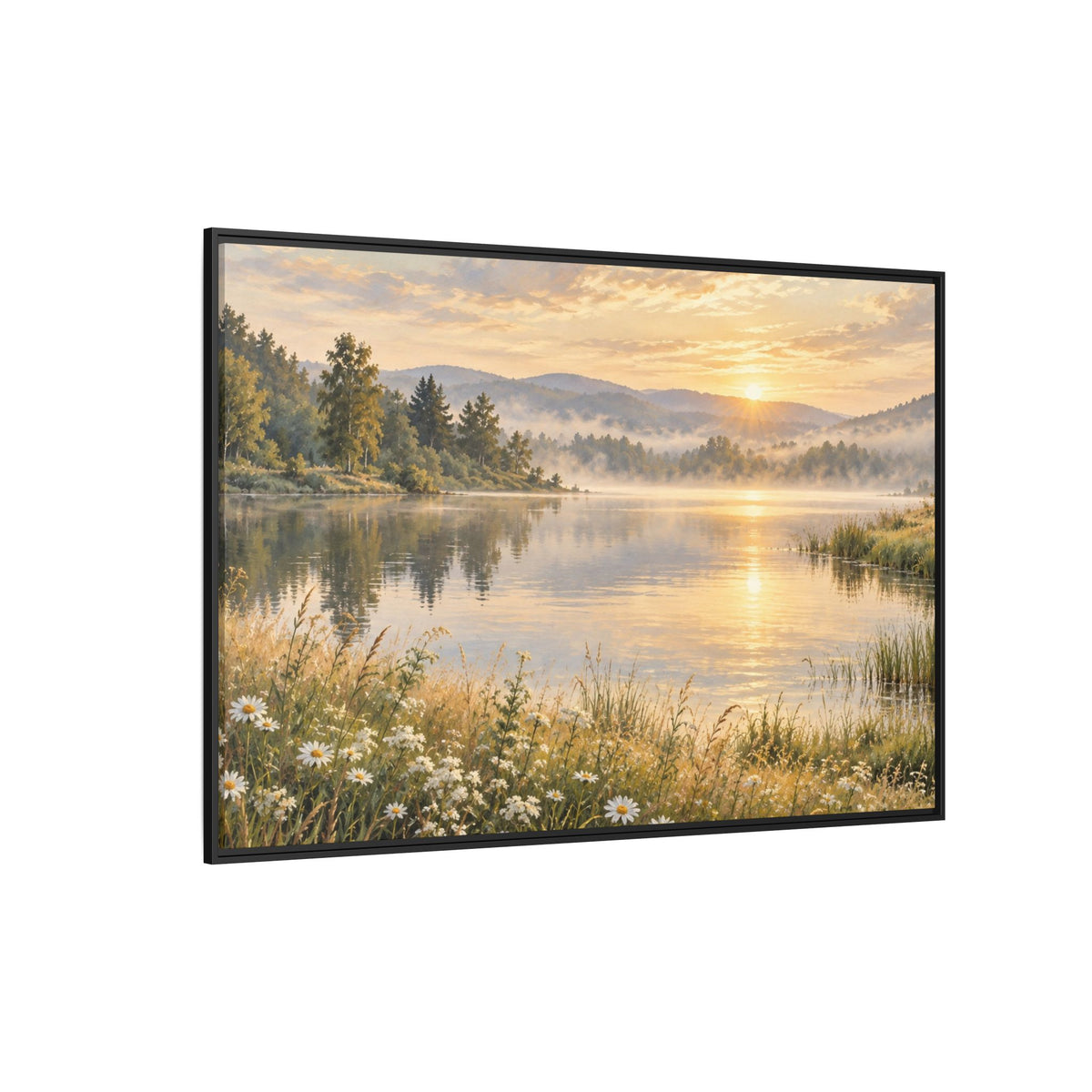 Misty Meadow Lake Wood Framed Canvas, Wildflower Farmhouse Wall Art Print Artwork Decor Small Large Hanging Matte Landscape Square Poster