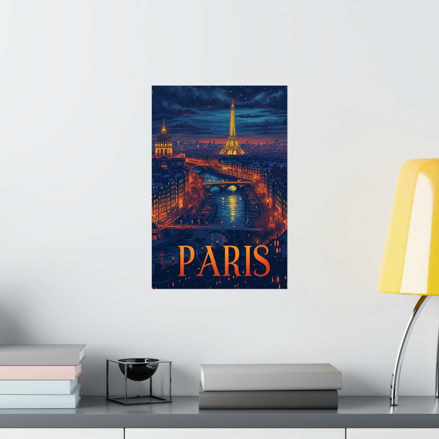 Paris France Poster Print, Eifel Tower Vintage Retro Night Wall Image Art Vertical Paper Artwork Small Large Travel Cool Room Office Decor