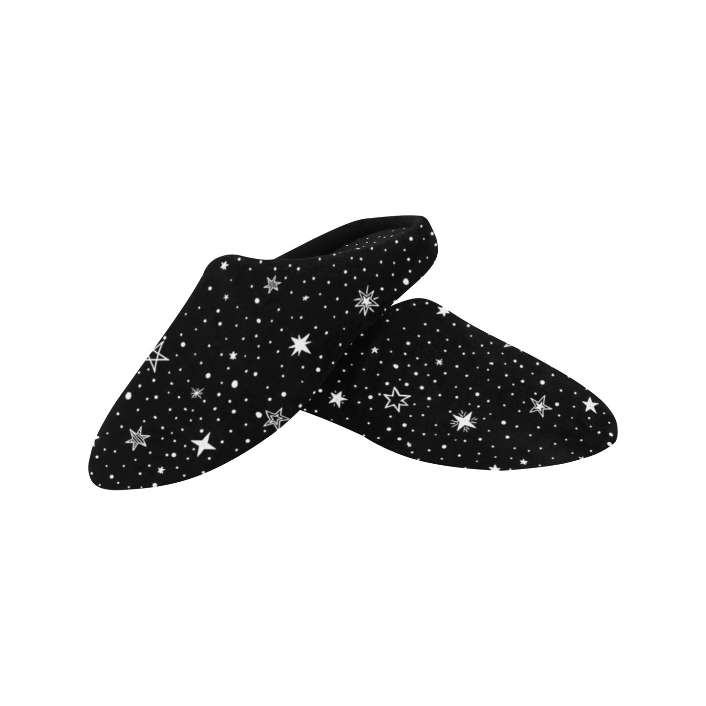 Stars Women's Slippers, Black White Space Universe Ladies House Slide Handmade Bedroom Warm Winter Cozy Designer Slip On Cotton Shoes