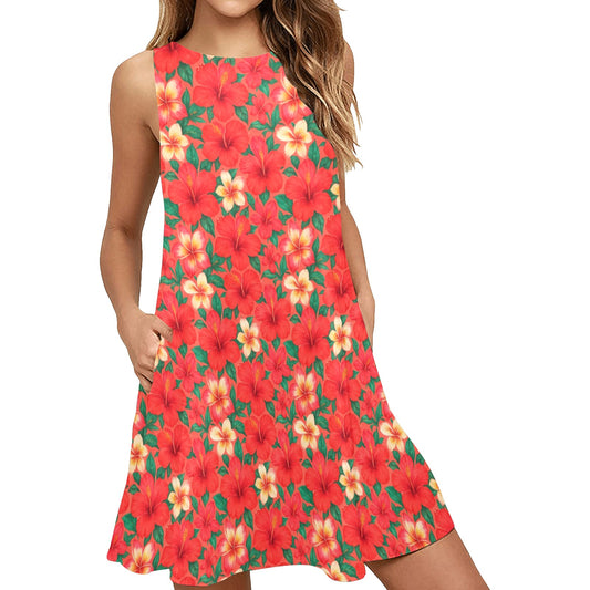 Red Hibiscus Flowers Tank Dress Women Pockets, Plumeria Tropical Floral Ladies A Line Print Summer Sleeveless Mini Short Cute Handmade