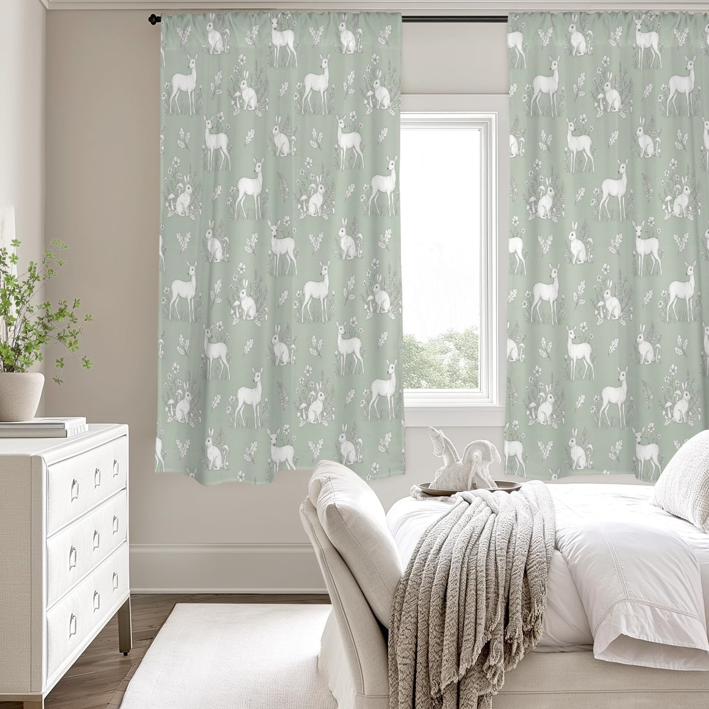Woodland Print Window Curtain, Sage Green Animals Bedroom Kids Nursery Kitchen Living Room Bathroom Fabric Patterned Unique Rod Pocket Decor - Starcove Fashion