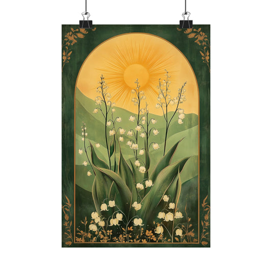 Lily of the Valley Poster, Flower Floral Sun Green Mystical Folk Boho Art Retro Vintage Print Wall Vertical Artwork Small Large Decor Paper