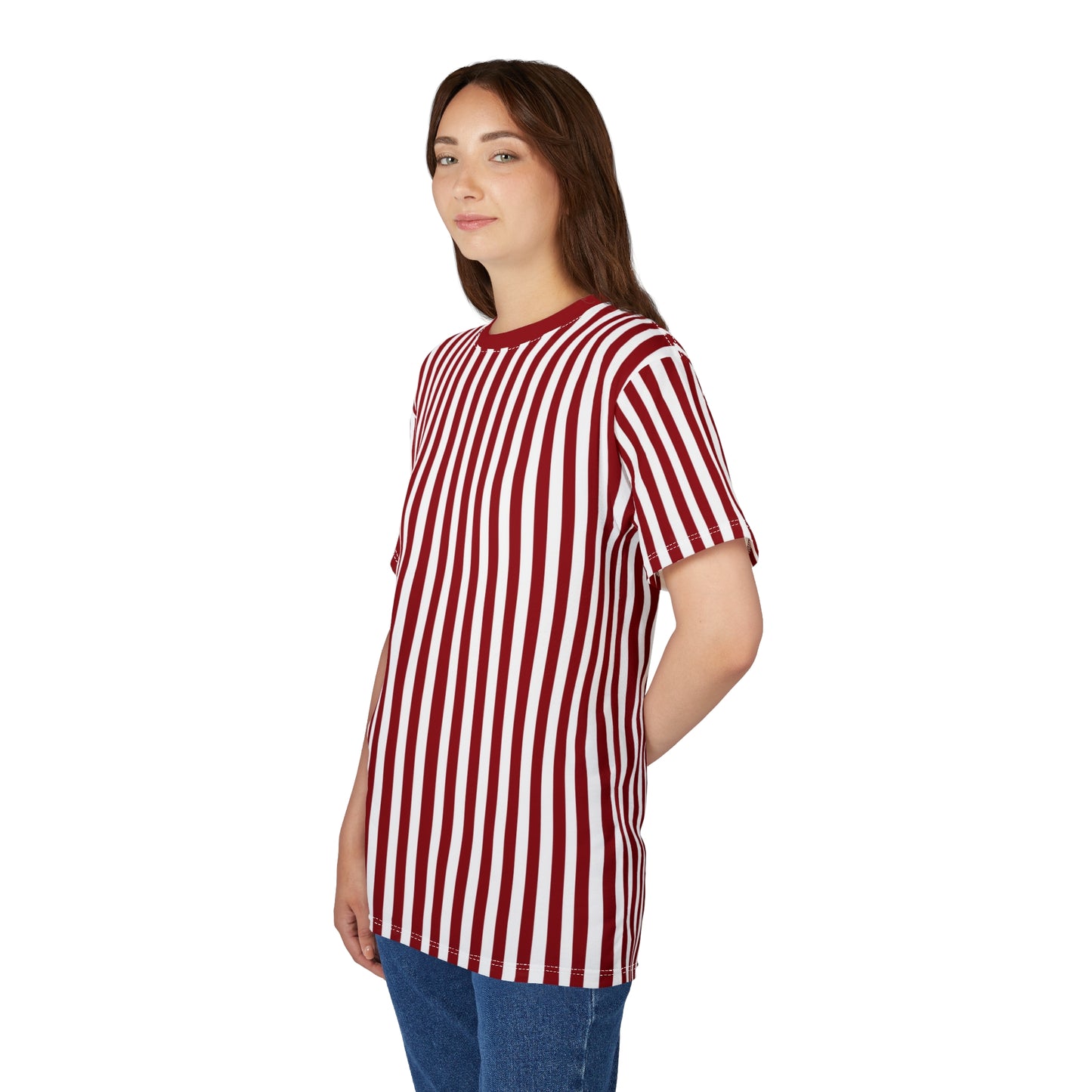Red White Striped Tshirt, Vertical Bordeaux Stripe Designer Aesthetic Lightweight Heavyweight Crewneck Men Women Tee Top Short Sleeve Shirt