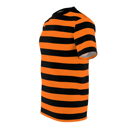 Orange Black Striped Tshirt, Stripe Designer Graphic Aesthetic Lightweight Heavyweight Crewneck Men Women Tee Top Short Sleeve Shirt