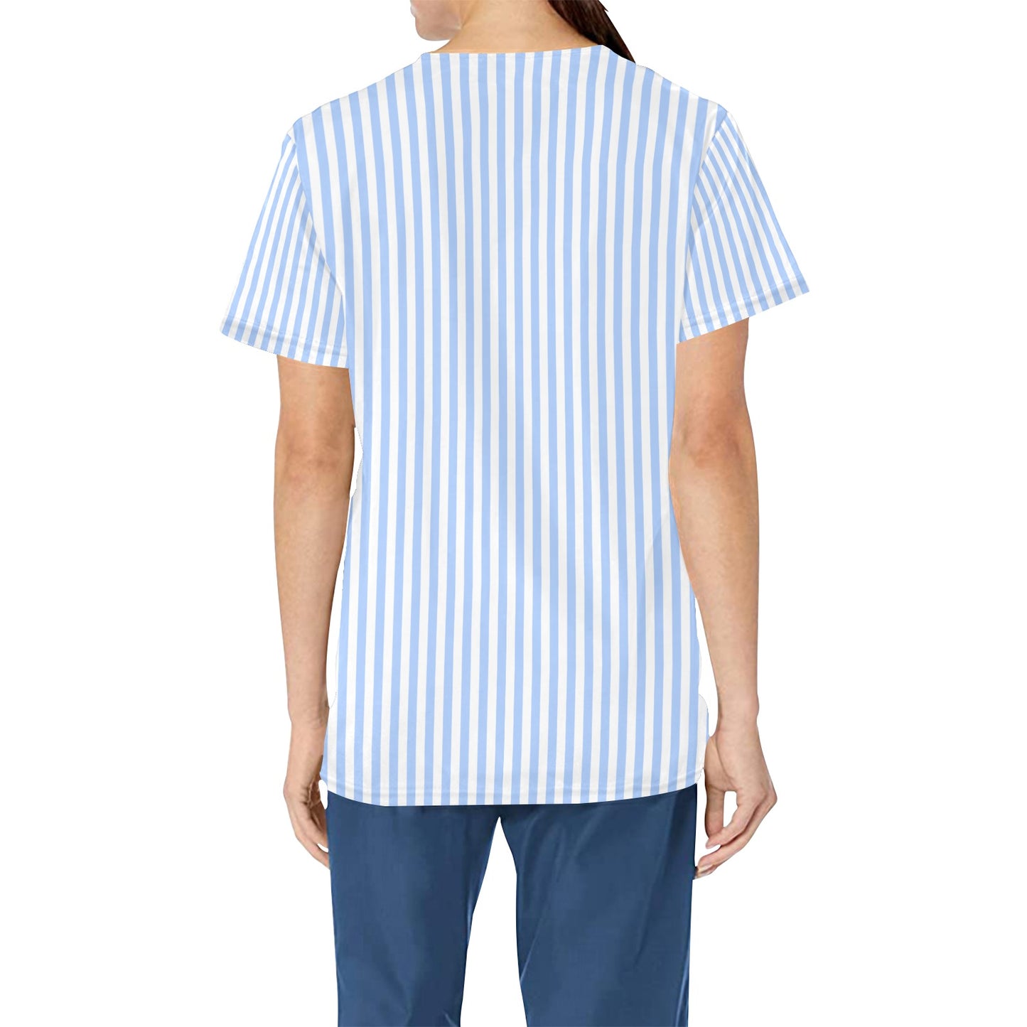 Light Blue Striped Medical Scrubs Top Women, Vertical Stripe Ladies Female Plus Size Nursing Nurse Vet Veterinary Assistant Uniform Pockets