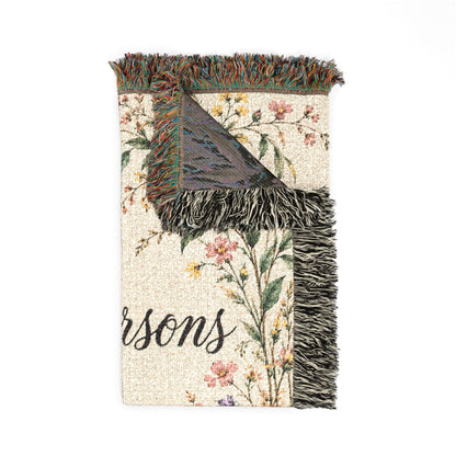 Custom Family Name Woven Blanket Tapestry, Wildflowers Throw Floral Botanical Personalized Wedding Anniversary Engagement Cotton Small Large