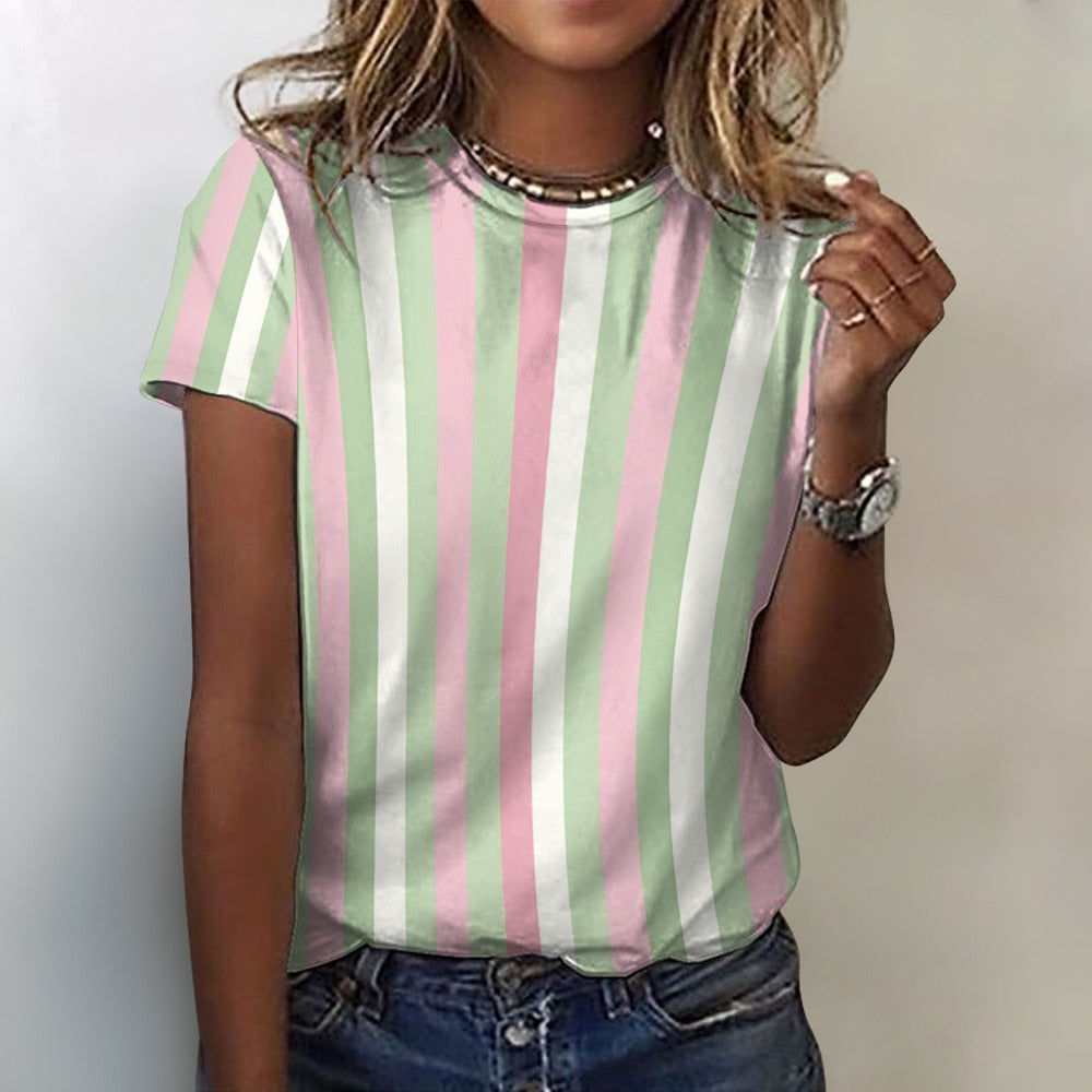 Pink Green Striped Women Cotton Tshirt, Vertical Stripes Ladies Female Designer Adult Aesthetic Fashion Fitted Crewneck Tee Shirt Top - Starcove Fashion