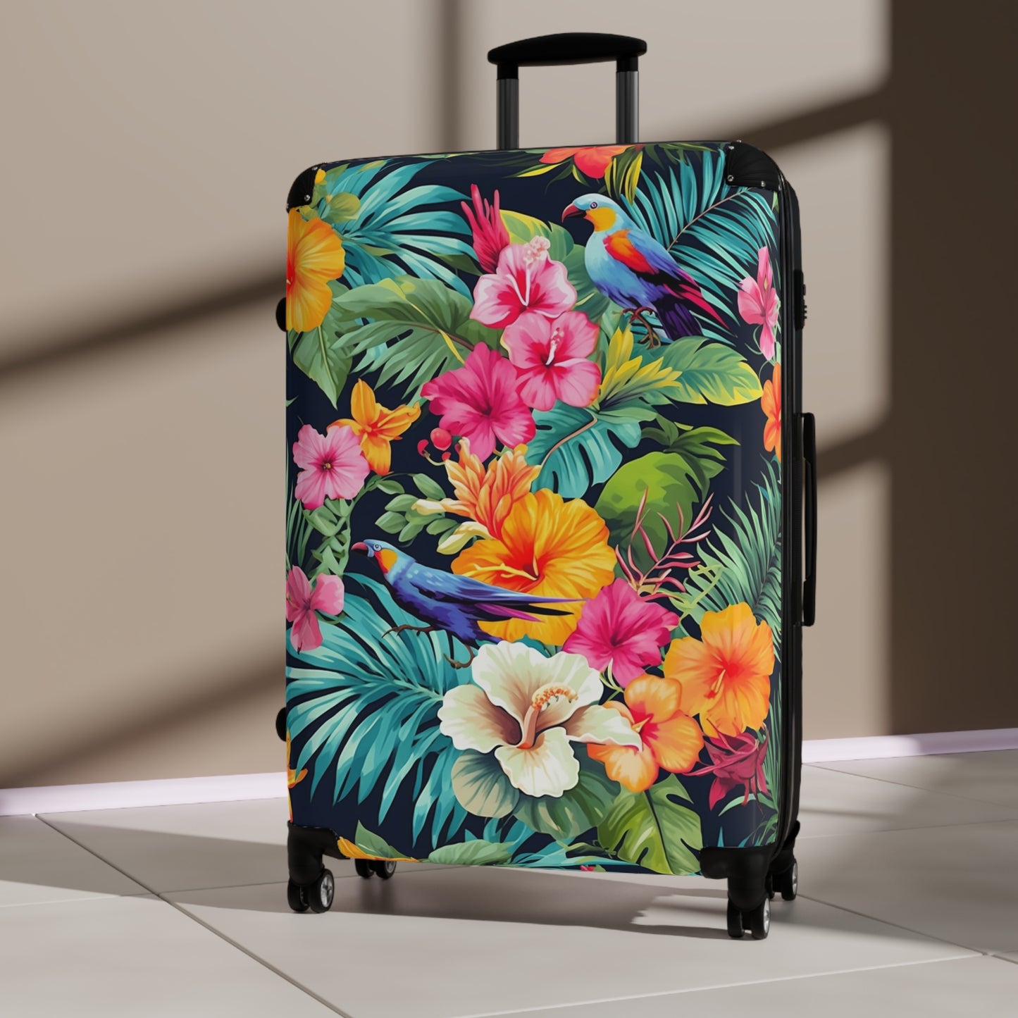 Tropical Flowers Suitcase Luggage, Pink Birds Parrot Carry On 4 Wheels Cabin Travel Small Large Set Rolling Spinner Designer Hard Shell Case - Starcove Fashion