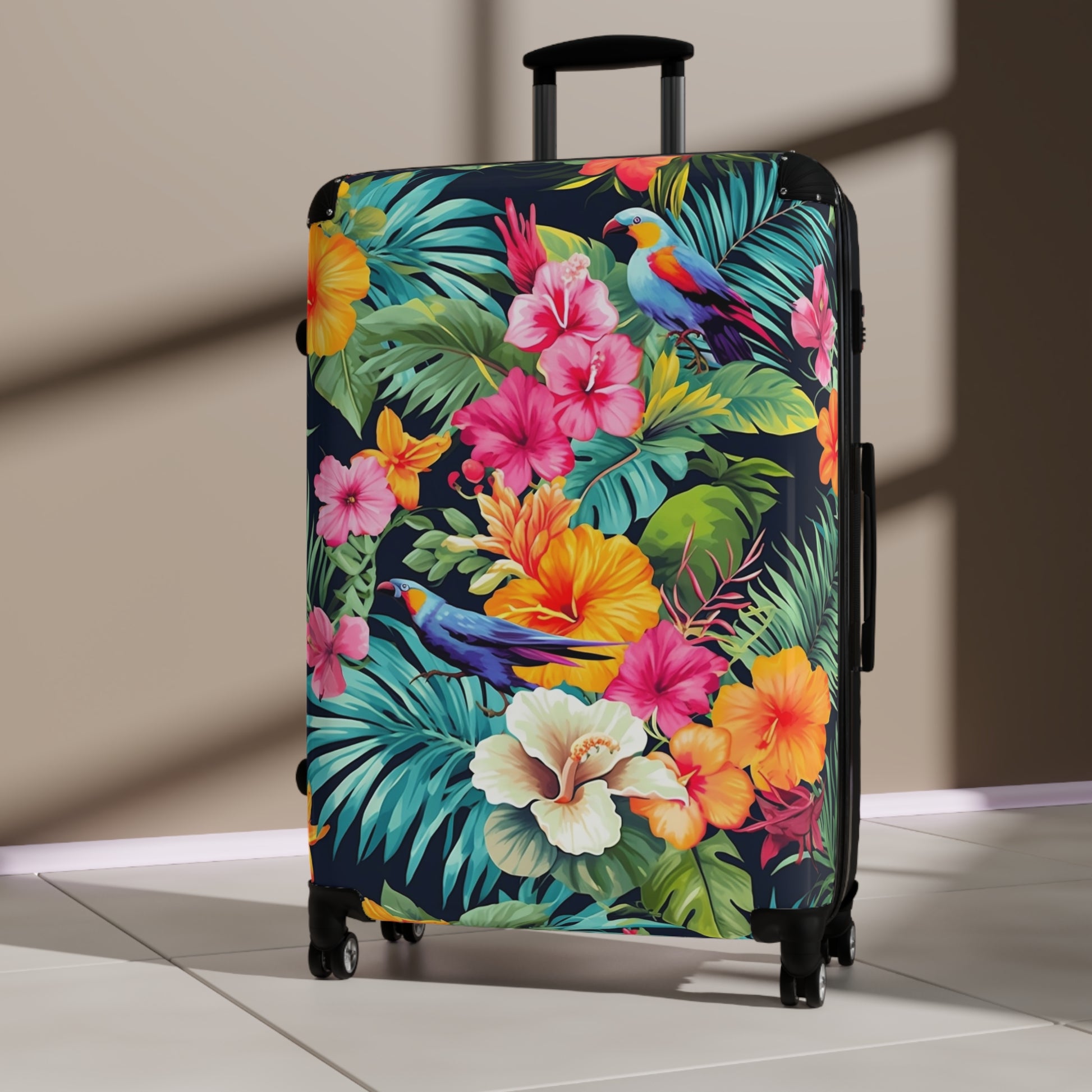 Tropical Flowers Suitcase Luggage, Pink Birds Parrot Carry On 4 Wheels Cabin Travel Small Large Set Rolling Spinner Designer Hard Shell Case - Starcove Fashion