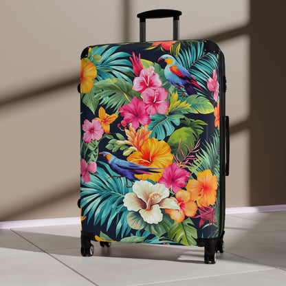 Tropical Flowers Suitcase Luggage, Pink Birds Parrot Carry On 4 Wheels Cabin Travel Small Large Set Rolling Spinner Designer Hard Shell Case - Starcove Fashion
