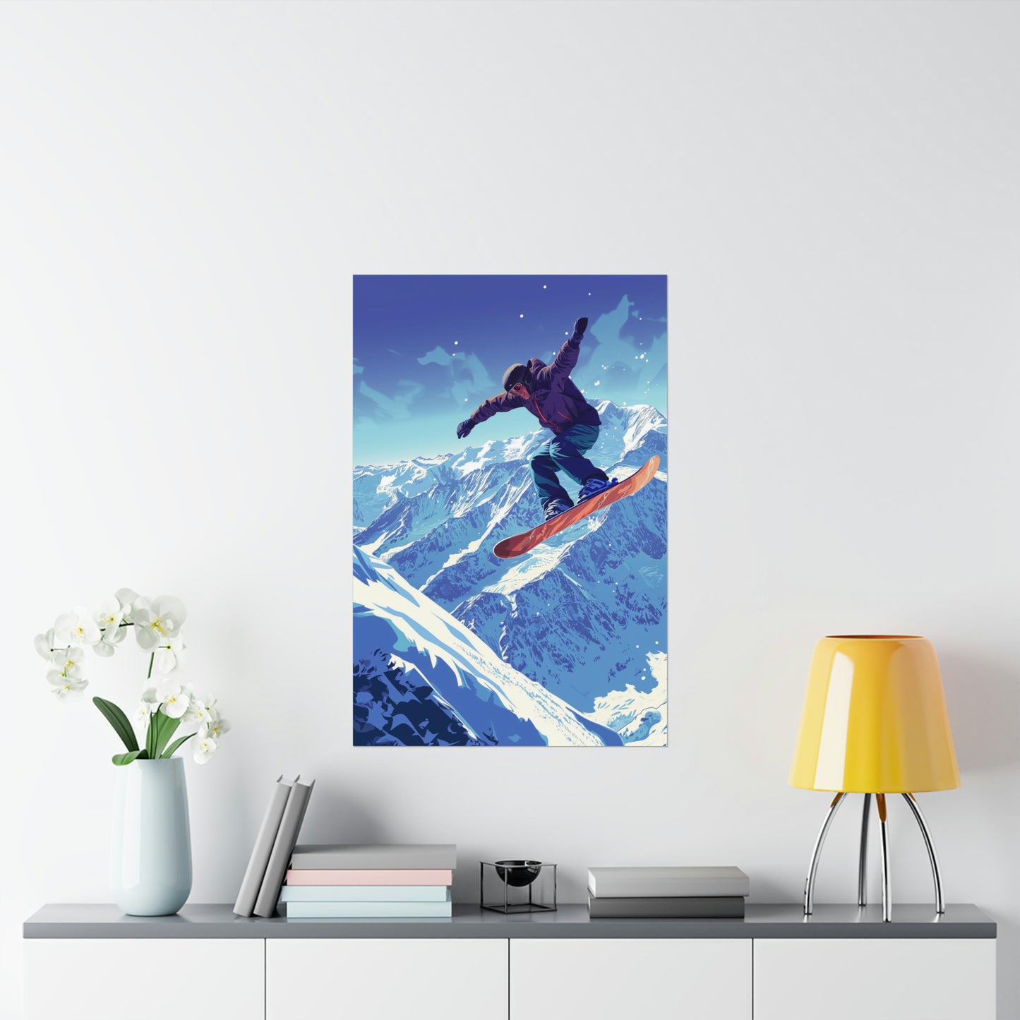 Snowboarder Jumping Poster Print, Snow Snowboard Mountain Winter Sport Vintage Retro Wall Art Vertical Paper Artwork Small Large Cool Decor
