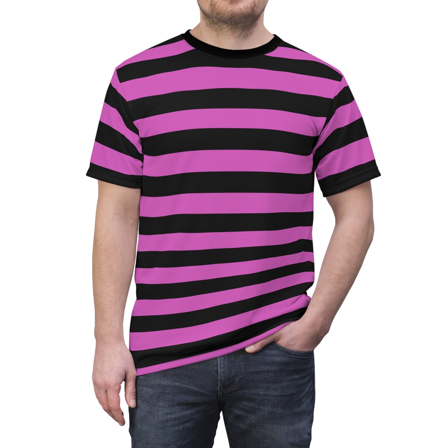 Black and Pink Striped Tshirt, Purple Designer Graphic Aesthetic Lightweight Heavyweight Crewneck Men Women Tee Top Short Sleeve Shirt
