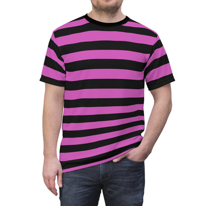 Black and Pink Striped Tshirt, Purple Designer Graphic Aesthetic Lightweight Heavyweight Crewneck Men Women Tee Top Short Sleeve Shirt