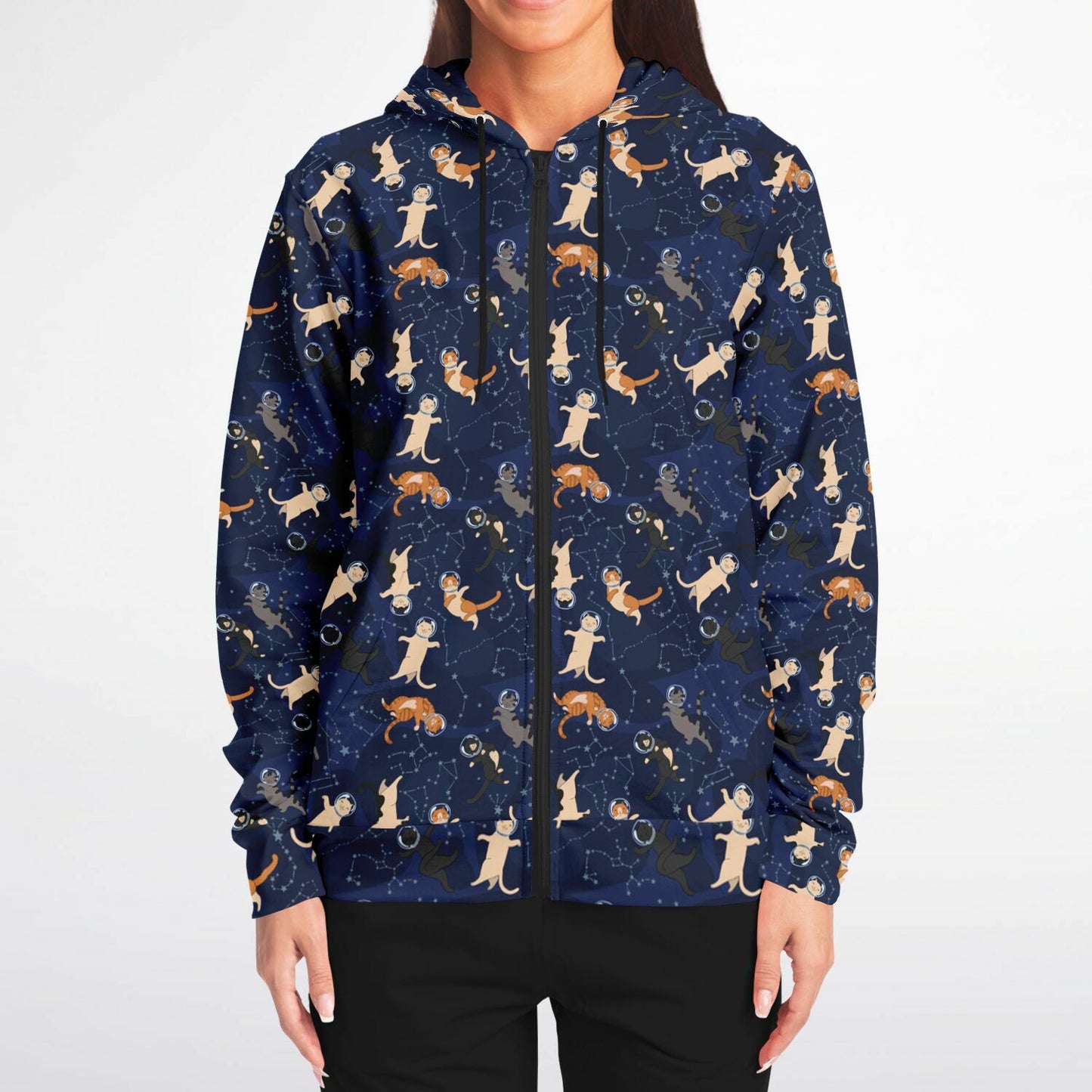 Cats in Space Zip Up Hoodie, Kittens Full Zipper Pocket Men Women Unisex Adult Aesthetic Graphic Cotton Fleece Hooded Sweatshirt - Starcove Fashion