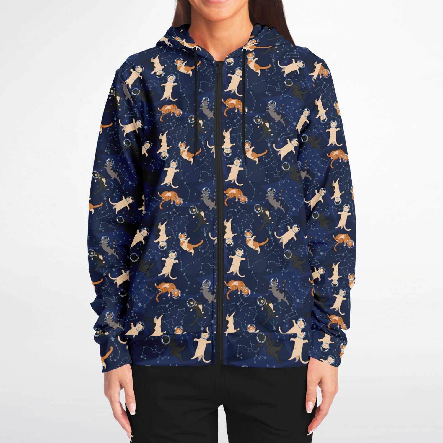 Cats in Space Zip Up Hoodie, Kittens Full Zipper Pocket Men Women Unisex Adult Aesthetic Graphic Cotton Fleece Hooded Sweatshirt - Starcove Fashion